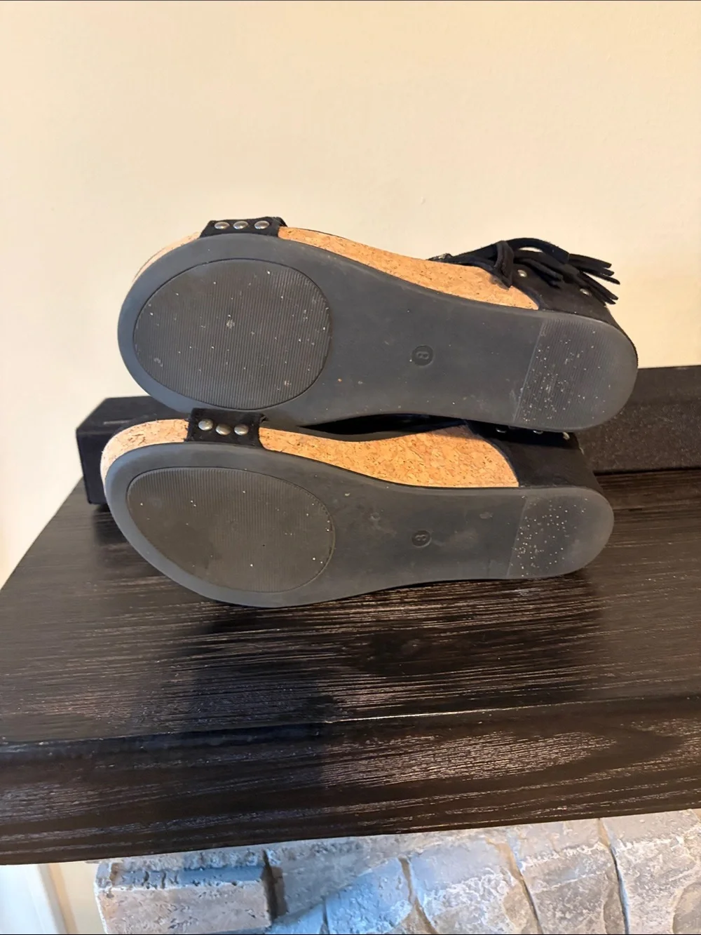 Black Fringe Cork Wedge Sandals